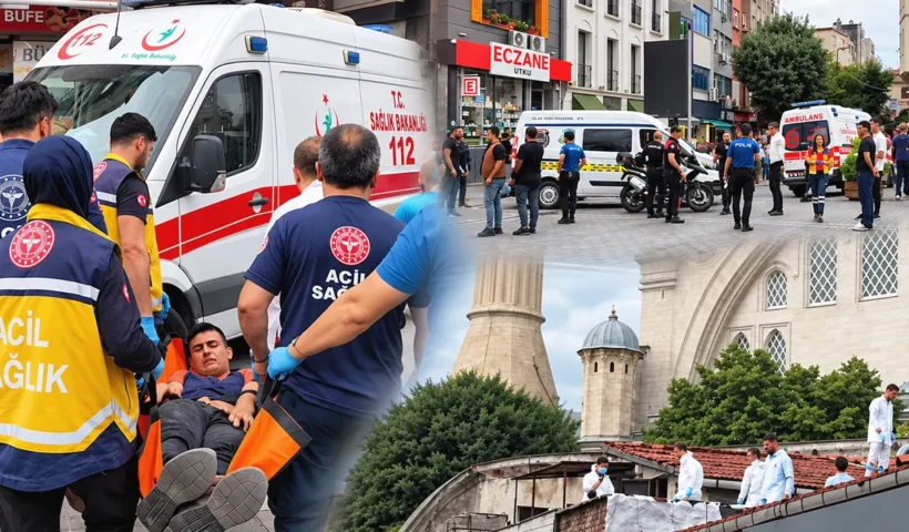 varias imágenes de servicios de emergencia y policía en la escena de un tiroteo junto a la Mezquita Nuruosmaniye de Estambul