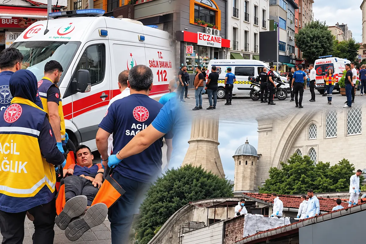 varias imágenes de servicios de emergencia y policía en la escena de un tiroteo junto a la Mezquita Nuruosmaniye de Estambul