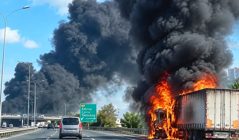 A lorry with a trailer on fire on the TEM motorway in Istanbul, whilst several cars drive past it