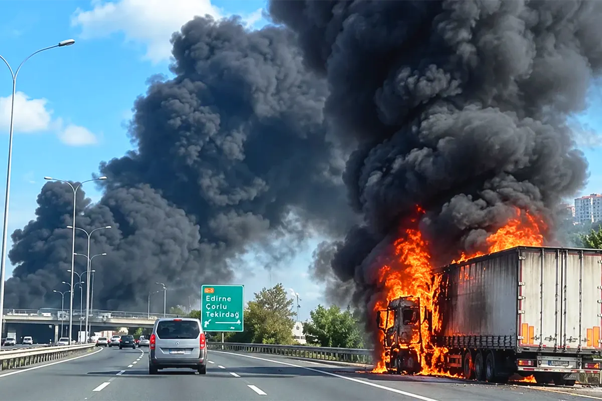 A lorry with a trailer on fire on the TEM motorway in Istanbul, whilst several cars drive past it