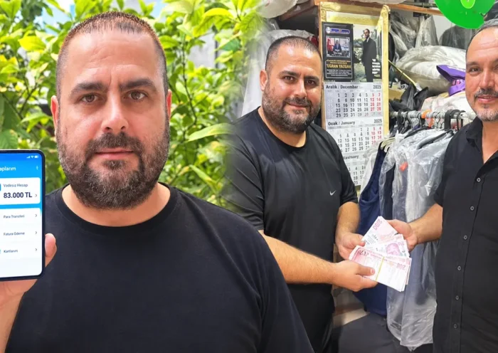 imagen con un hombre turco mostrando un ingreso de 83.000 liras en su banco junto a otra imagen en la que entrega una gran cantidad de dinero a una persona