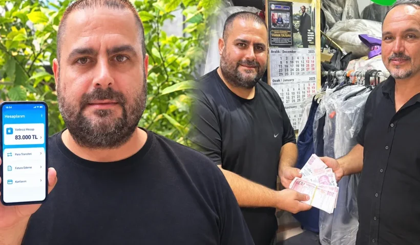 imagen con un hombre turco mostrando un ingreso de 83.000 liras en su banco junto a otra imagen en la que entrega una gran cantidad de dinero a una persona