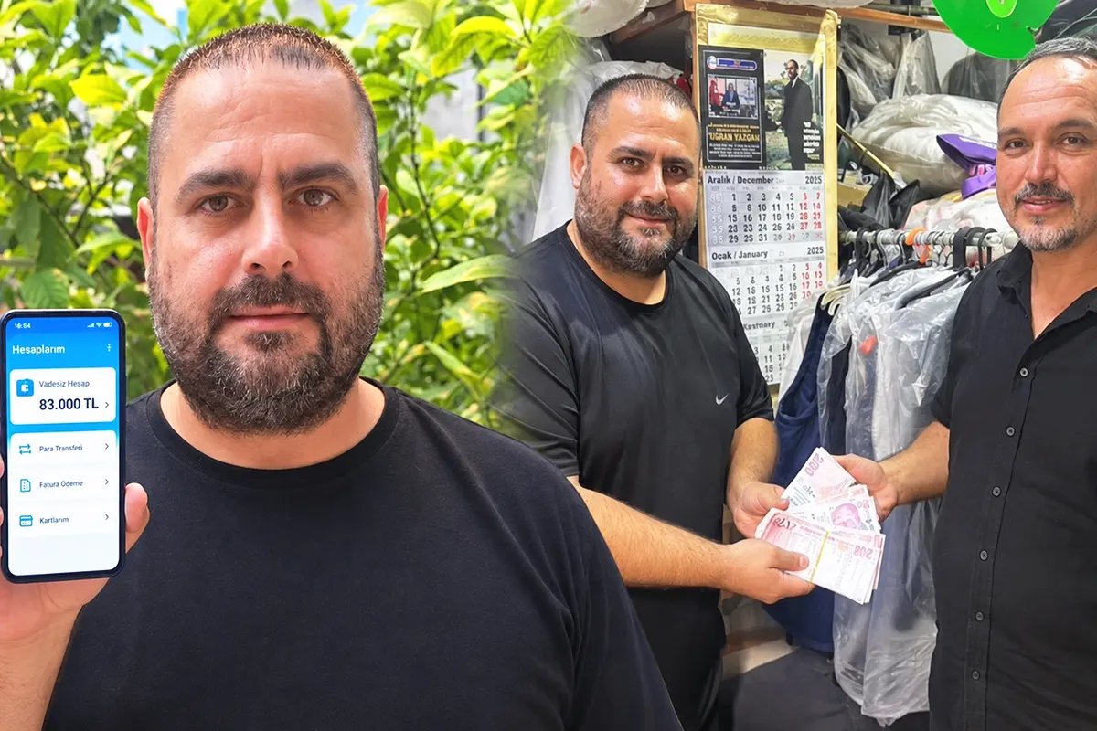 an image showing a Turkish man with a 83,000 lira transfer into his bank account, alongside another image in which he is handing over a large sum of money to someone