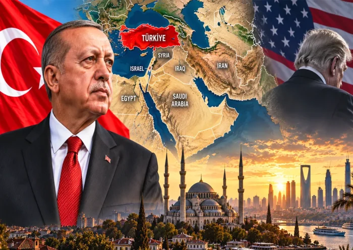 an image showing Erdogan standing next to the Turkish flag, with a map of the Middle East beside him highlighting Turkey, and images of Istanbul and Riyadh; in one corner, Trump is pictured with his head bowed and his back to the camera, standing next to a US flag.
