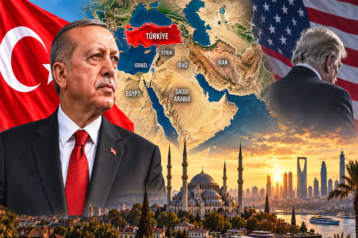 an image showing Erdogan standing next to the Turkish flag, with a map of the Middle East beside him highlighting Turkey, and images of Istanbul and Riyadh; in one corner, Trump is pictured with his head bowed and his back to the camera, standing next to a US flag.