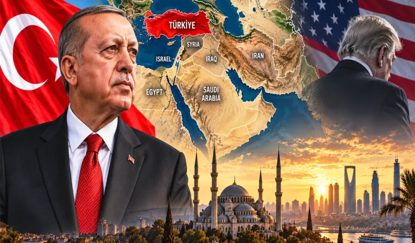 una imagen que muestra a Erdogan junto a la bandera turca, junto a él un mapa de Oriente Medio destacando Turquía y la imagen de Estambul y de Riad; en una esquina aparece un Trump cabizbajo y de espaldas junto a una bandera de EE. UU.