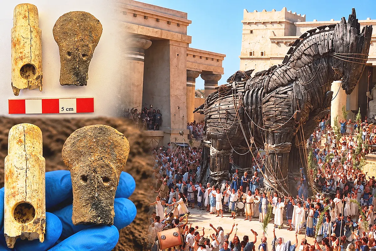 images showing a bone flute and an idol found during the excavations at Troy, along with an image of the wooden horse from the film