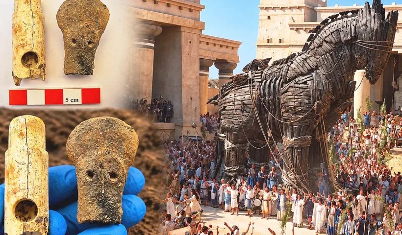 imágenes mostrando una flauta de hueso y un ídolo hallados en las excavaciones en Troya junto con una imagen del caballo de madera de la película
