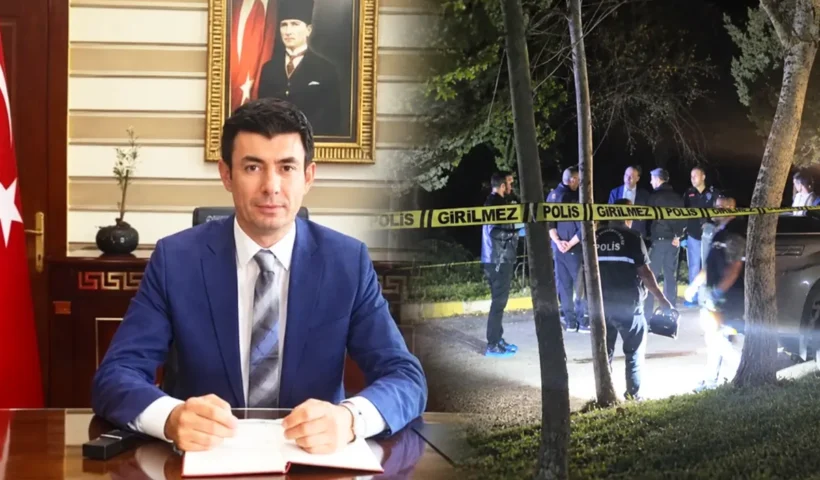 una imagen del vicegobernador de Afyonkarahisar en su despacho junto a una imagen de varios policías de noche en la escena de un crimen