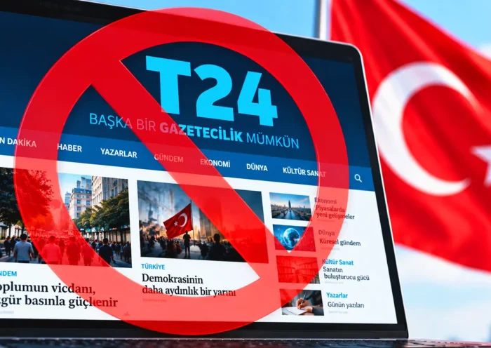 una imagen de la web del diario turco T24 con un símbolo de prohibición superpuesto, al lado de la bandera turca