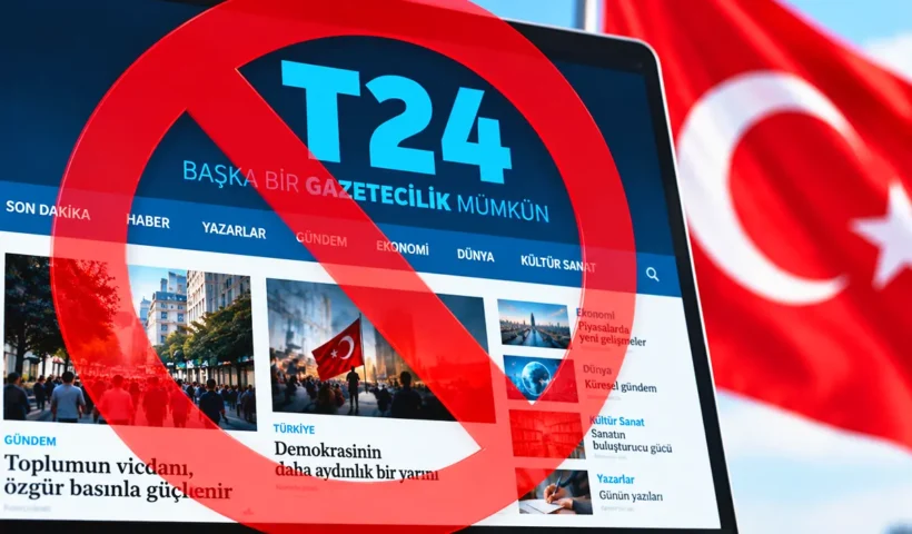 una imagen de la web del diario turco T24 con un símbolo de prohibición superpuesto, al lado de la bandera turca