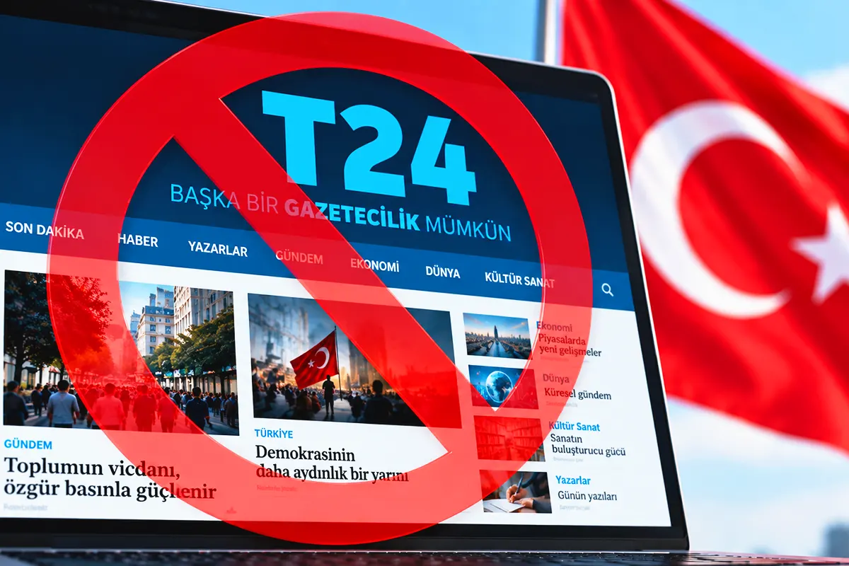 una imagen de la web del diario turco T24 con un símbolo de prohibición superpuesto, al lado de la bandera turca