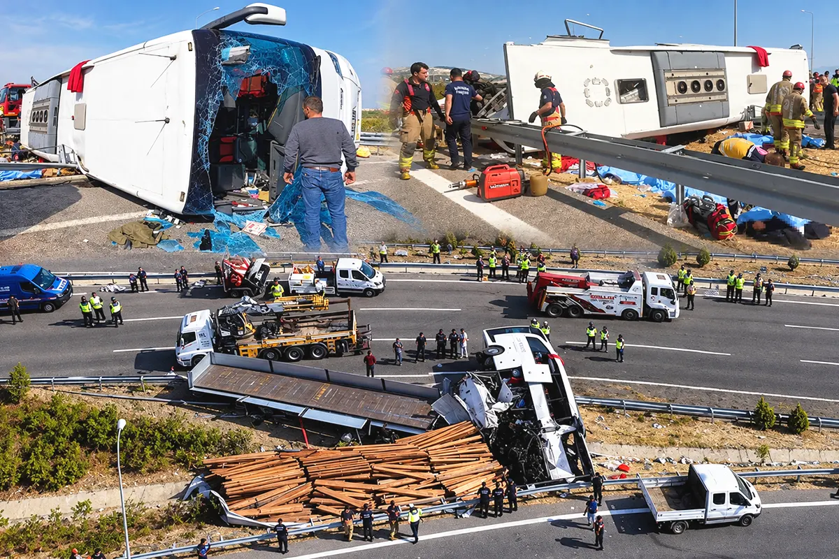 several images showing an overturned and badly damaged lorry and bus on the motorway, alongside emergency services
