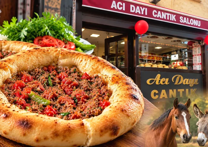 una imagen que muestra el cantık de Bursa junto al restaurante Acı Dayı Cantık Salonu y una imagen de un caballo y un burro