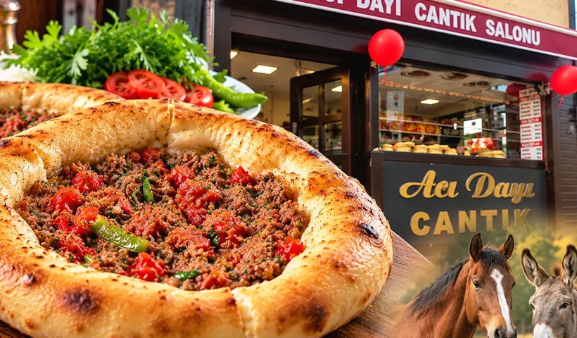 una imagen que muestra el cantık de Bursa junto al restaurante Acı Dayı Cantık Salonu y una imagen de un caballo y un burro