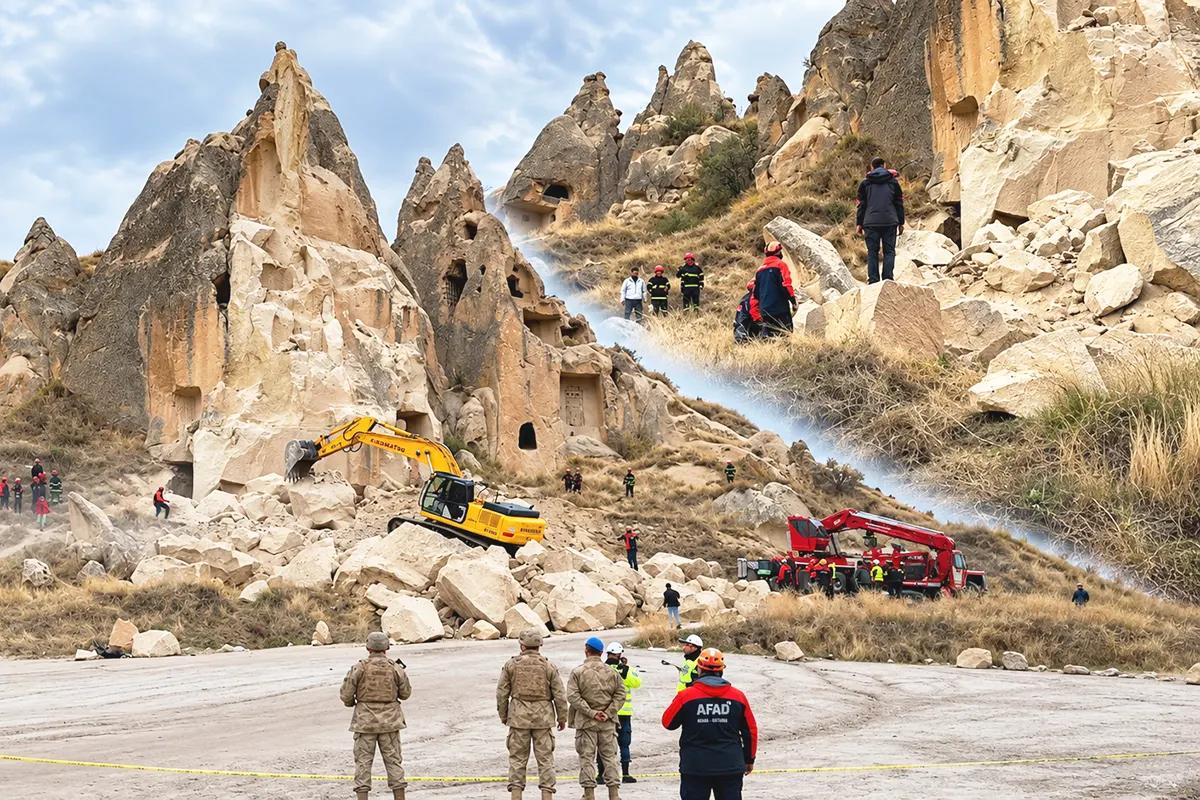 images showing a collapsed fairy chimney in Göreme, Cappadocia, and several emergency teams working in the area