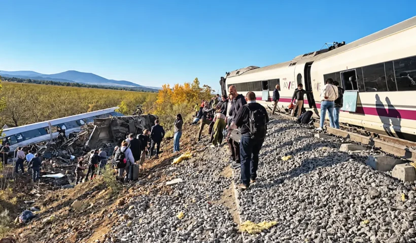 varios pasajeros saliendo de un tren de AVE descarrilado junto a otro vagón volcado en el fondo de un terraplén