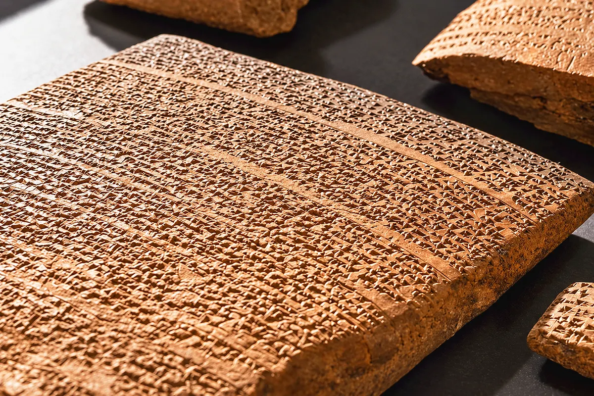 close-up of several clay tablets bearing cuneiform script