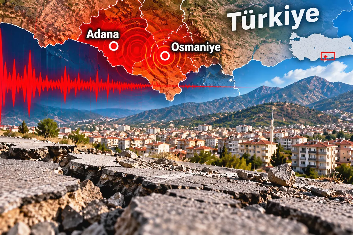 image showing cracked ground near a Turkish city, with a map of Turkey’s southern coast at the top showing the cities of Adana and Osmaniye, with seismic waves superimposed