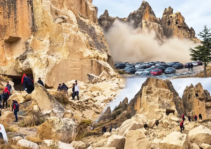 several images showing the collapse of a fairy chimney in Göreme, Cappadocia, and people trying to search for victims
