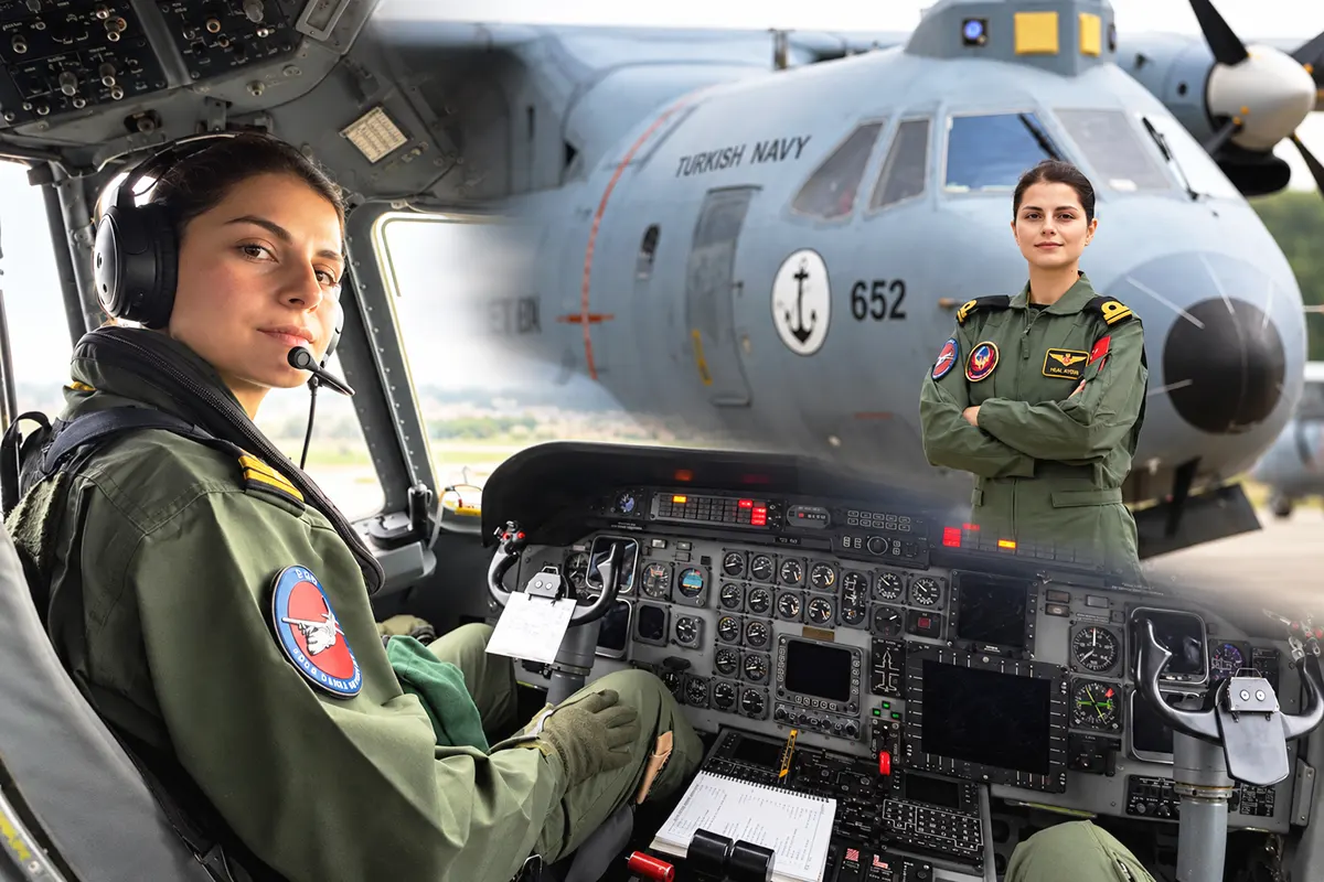several photographs taken alongside the aircraft and in the cockpit of the first Turkish woman to fly a Turkish Navy aircraft
