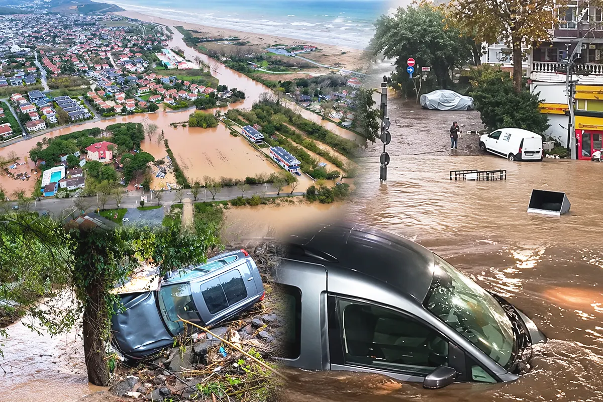 several images showing flooded streets and cars being swept away by the water in Şile, north of Istanbul