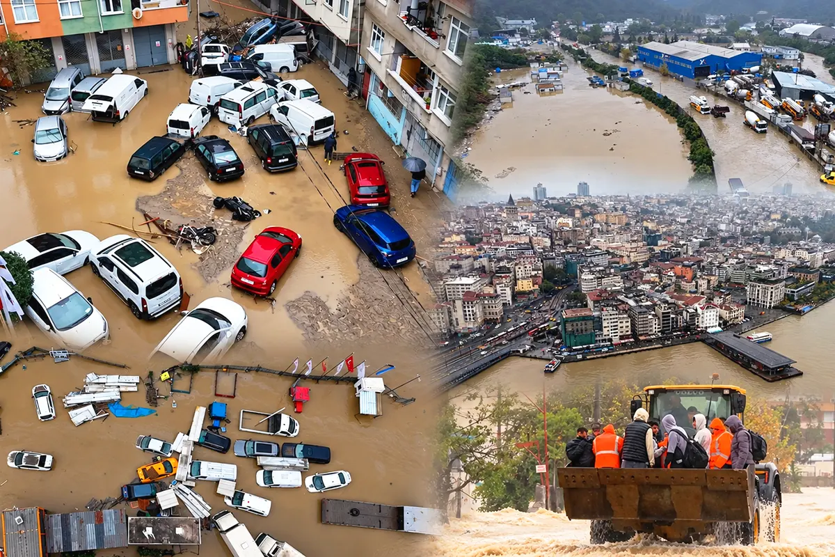 Several aerial images of flooded streets and piled-up vehicles following floods in Istanbul