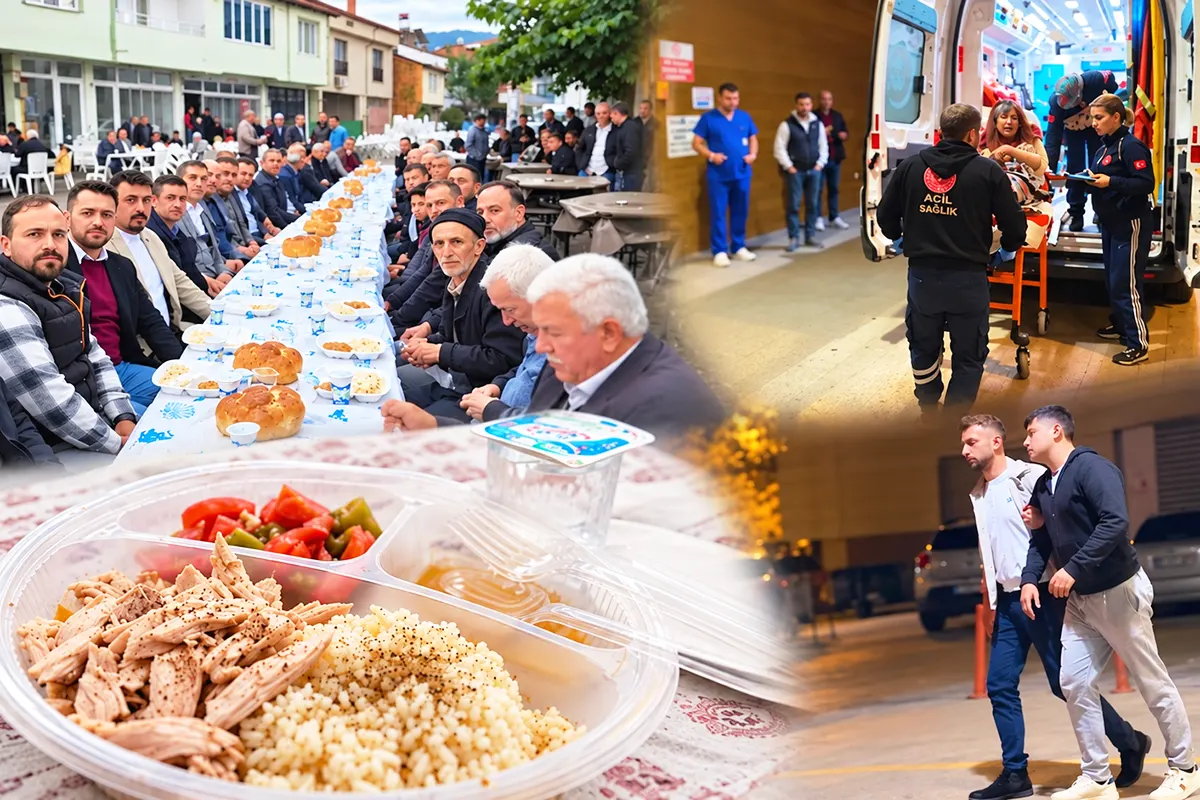 several images showing a large communal meal in a neighbourhood, a dish of chicken and rice, and people travelling on foot and by ambulance to a hospital