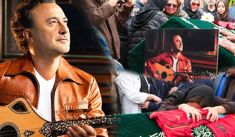 varias imágenes del cantante turco Nev sosteniendo un laud junto con imágenes de familiares llorando sobre su ataúd en el funeral