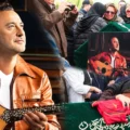 several pictures of the Turkish singer Nev holding a lute, alongside pictures of family members weeping over his coffin at the funeral