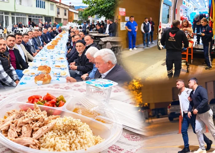 varias imágenes mostrando una comida multitudinaria en un barrio, un plato preparado de arroz con pollo, y personas acudiendo a pie y en ambulancia a un hospital