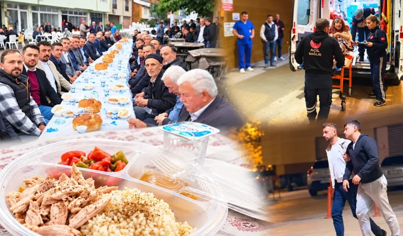 varias imágenes mostrando una comida multitudinaria en un barrio, un plato preparado de arroz con pollo, y personas acudiendo a pie y en ambulancia a un hospital