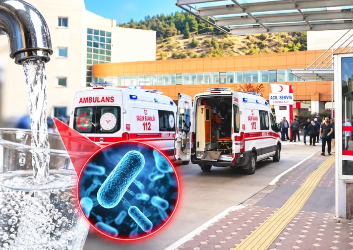 un hospital turco con varias ambulancias y numerosas personas a la entrada, junto a una imagen de un vaso llenándose con agua del grifo y una imagen ampliada del agua que muestra numerosas bacterias