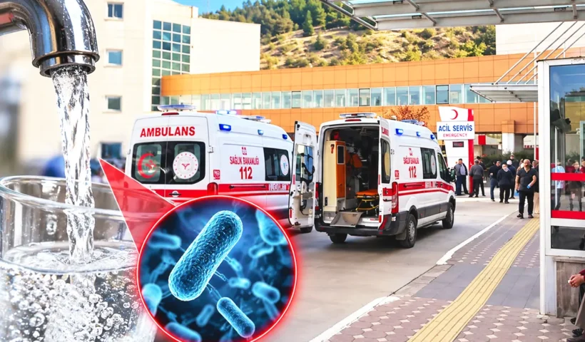 un hospital turco con varias ambulancias y numerosas personas a la entrada, junto a una imagen de un vaso llenándose con agua del grifo y una imagen ampliada del agua que muestra numerosas bacterias