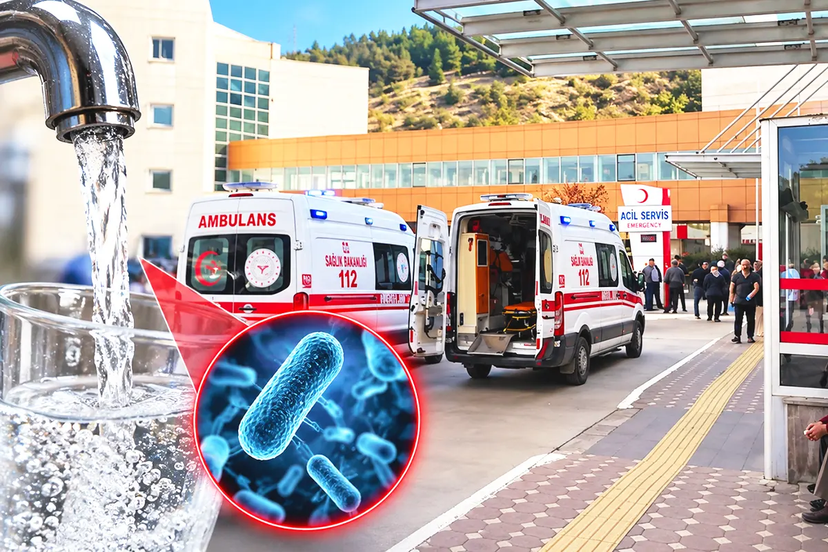 un hospital turco con varias ambulancias y numerosas personas a la entrada, junto a una imagen de un vaso llenándose con agua del grifo y una imagen ampliada del agua que muestra numerosas bacterias
