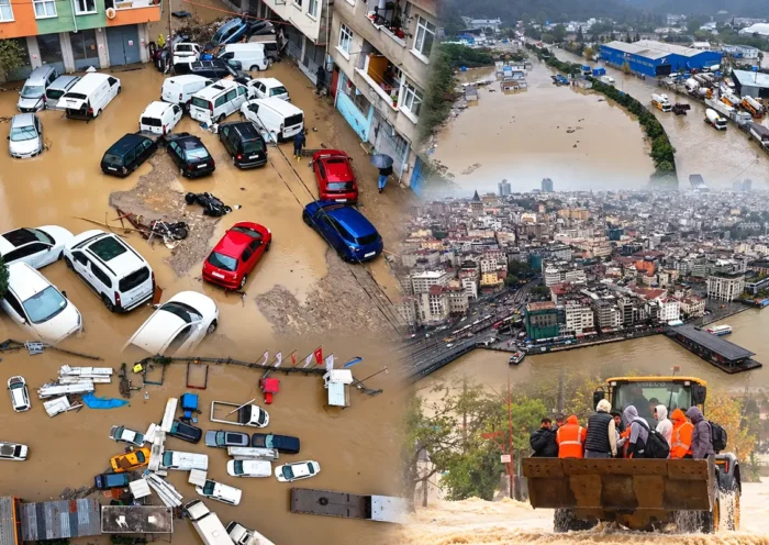 varias imágenes desde el aire de calles inundadas y vehículos amontonados tras unas inundaciones en Estambul
