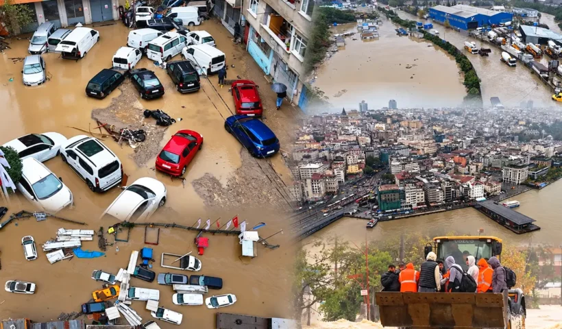 varias imágenes desde el aire de calles inundadas y vehículos amontonados tras unas inundaciones en Estambul
