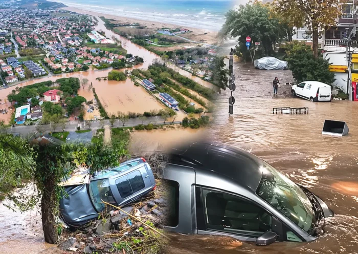 varias imágenes que muestran calles inundadas y coches arrastrados por el agua en Şile, al norte de Estambul