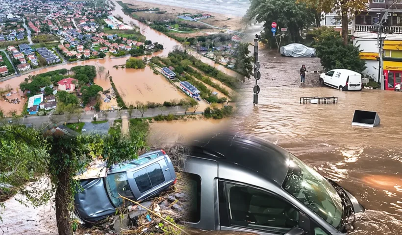 varias imágenes que muestran calles inundadas y coches arrastrados por el agua en Şile, al norte de Estambul