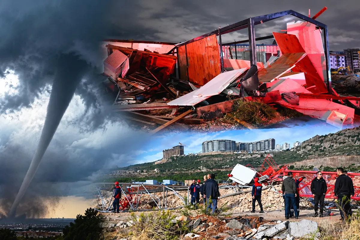 several images showing a tornado and the wreckage of a skip and a crane that had been violently destroyed