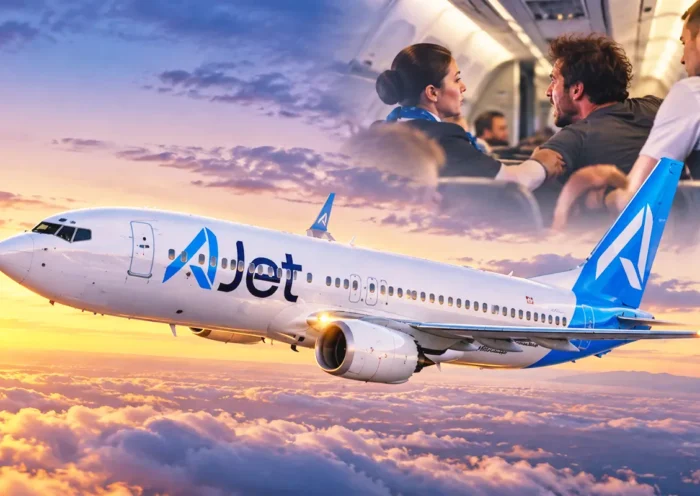 un avión de la compañía Ajet volando sobre las nubes, en una esquina aparece un pasajero en la cabina gritando y dos tripulantes tratando de sujetarlo