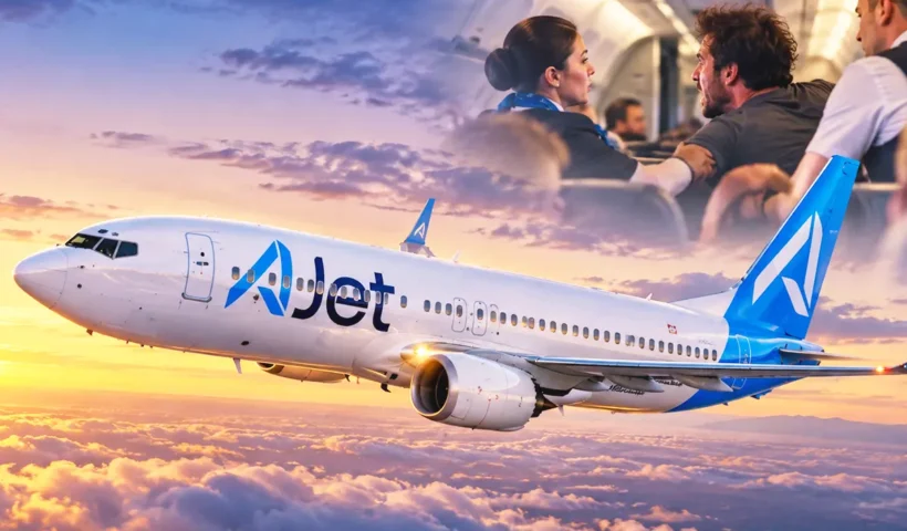 un avión de la compañía Ajet volando sobre las nubes, en una esquina aparece un pasajero en la cabina gritando y dos tripulantes tratando de sujetarlo