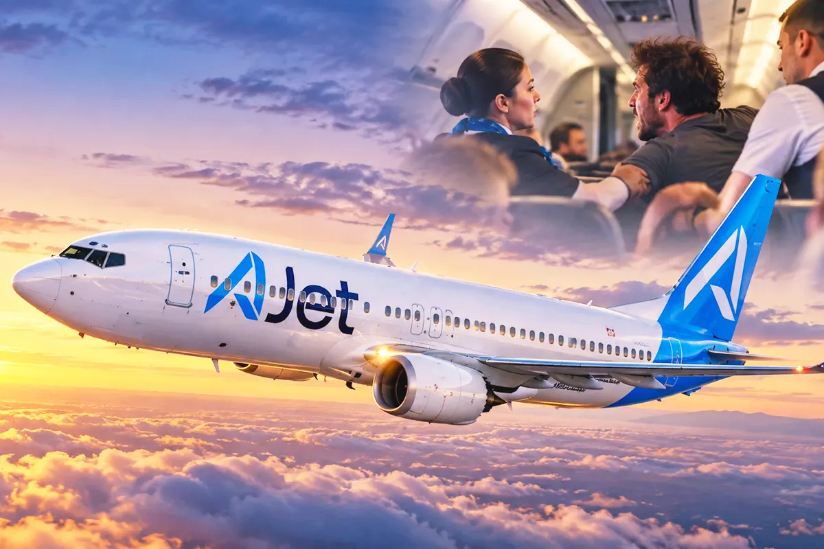 un avión de la compañía Ajet volando sobre las nubes, en una esquina aparece un pasajero en la cabina gritando y dos tripulantes tratando de sujetarlo