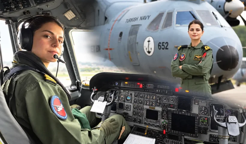 varias imágenes junto al avión y en la cabina de pilotaje de la primera mujer turca en pilotar un avión de la marina de guerra de Turquía