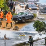 several images of the storm in Istanbul showing scenes of rain, wind and areas flooded with water