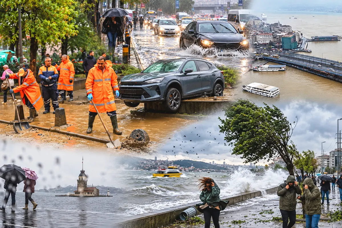 several images of the storm in Istanbul showing scenes of rain, wind and areas flooded with water