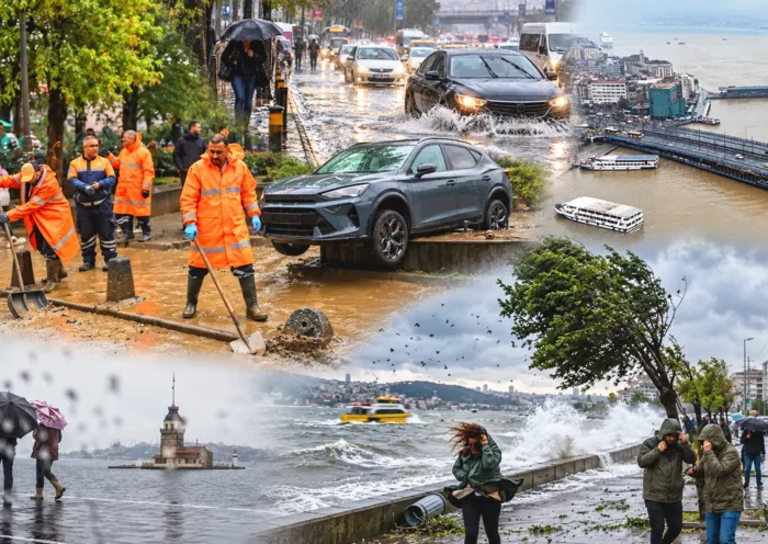 varias imágenes del temporal en Estambul mostrando escenas de lluvia, viento y zonas anegadas por el agua