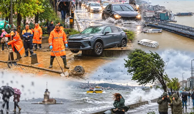 varias imágenes del temporal en Estambul mostrando escenas de lluvia, viento y zonas anegadas por el agua