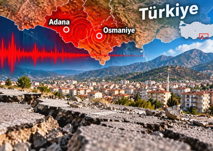 imagen mostrando el suelo agrietado junto a una ciudad turca, y en la parte superior un mapa de la costa sur de Turquía donde aparecen las ciudades de Adana y Osmaniye y ondas sísmicas superpuestas