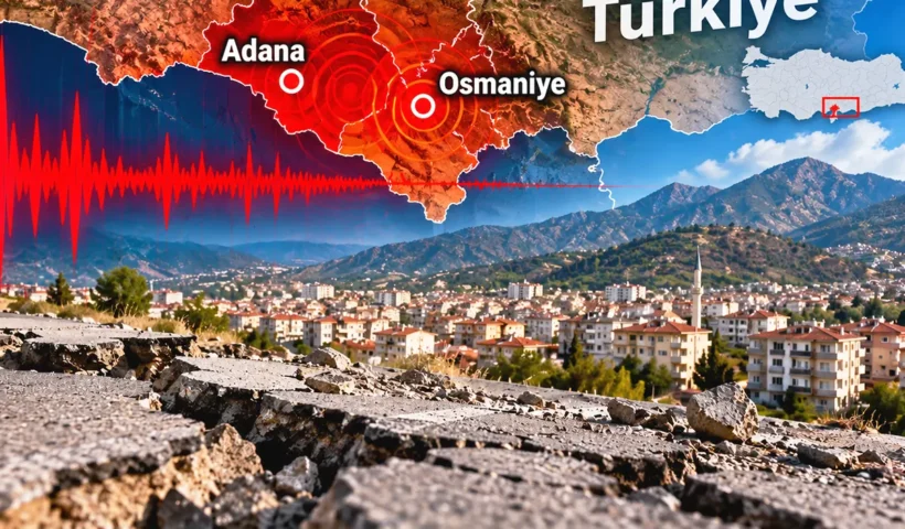 imagen mostrando el suelo agrietado junto a una ciudad turca, y en la parte superior un mapa de la costa sur de Turquía donde aparecen las ciudades de Adana y Osmaniye y ondas sísmicas superpuestas